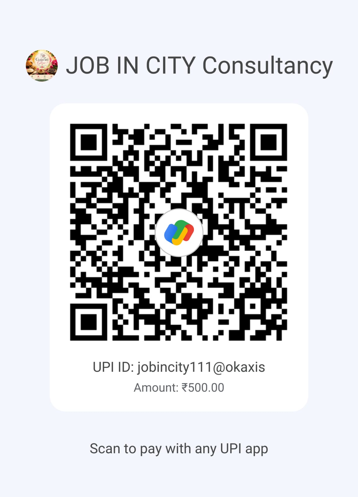JOB IN CITY Consultancy UPI QR code for �6�4500 payment